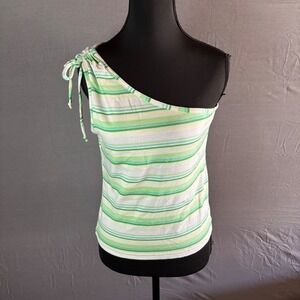Vintage Y2K Stationwagon One Shoulder Top Striped Green White Tie  Womens Size S